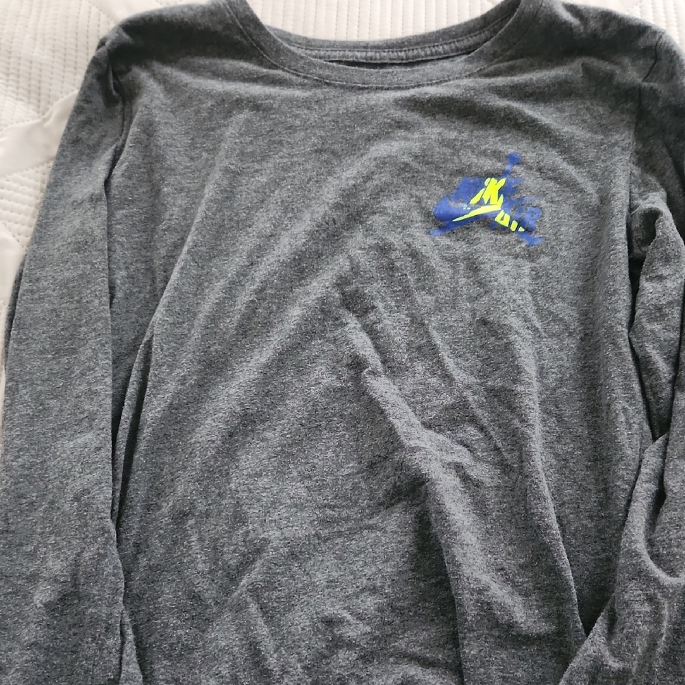 Nike Gray Long Sleeve Tee with Blue and Neon/Yellow/Green Logo